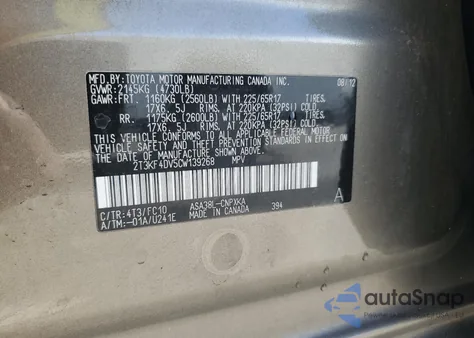2012 Toyota Rav4 z USA, uszkodzony, nr VIN 2T3KF4DV5CW139268